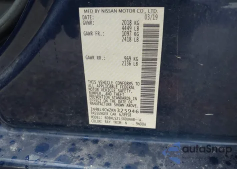 2019 Nissan Altima 2.5 Sr z USA, uszkodzony, nr VIN 1N4BL4CW2KN325946